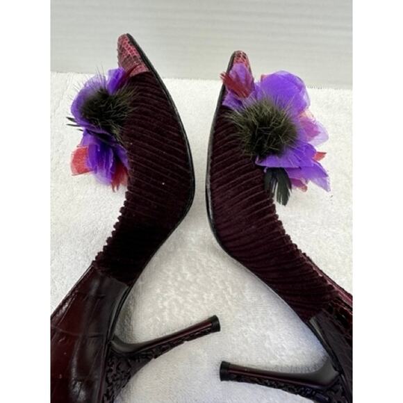 LE Stieff Embellished Floral Stiletto Heels Pumps Burgundy Leather Snakeskin - Picture 7 of 8